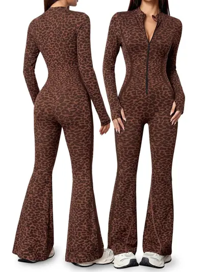 Damen-Yogaoverall, langärmlig, mit Reißverschluss und Schlaghose