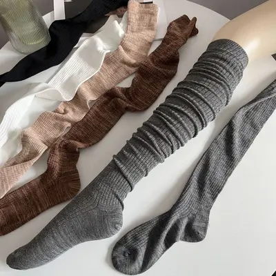 Retro Gri Yeşil Diz Üstü Çorap, Kadın İnce Bahar Sonbahar Modeli, Mor Çizgili - 11