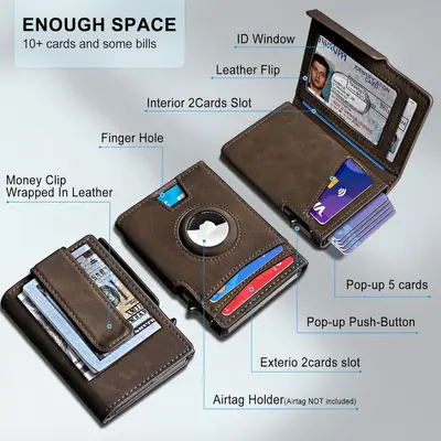 Genuine Leather Men's Bi-Fold Wallet with AirTag Aluminum Box - 4