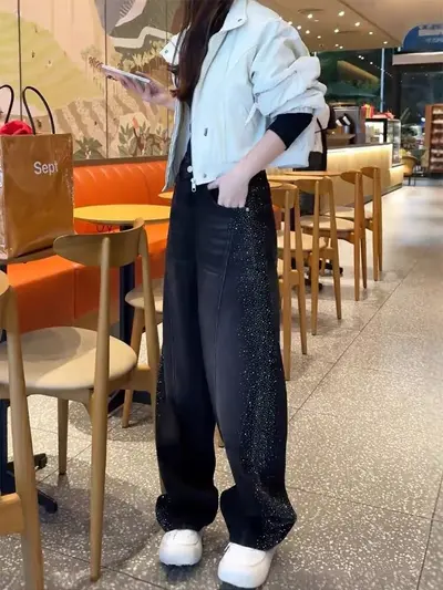 Büyük Beden Yüksek Bel Geniş Paça Kot Pantolon, Yıldız Desen Taşlı