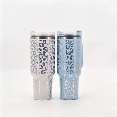 40oz Leopar Desenli Paslanmaz Çelik Araba Kupası, 304 Termos, Pipetli, Saplı