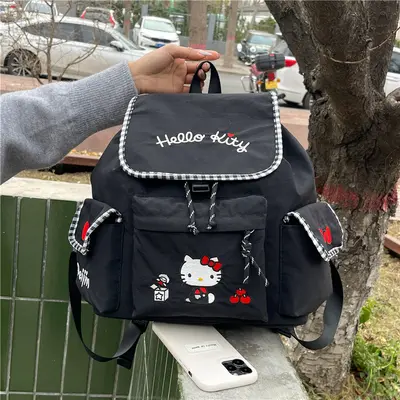 Cat-Print Drawstring Backpack, Large Capacity, Kitty Design - 3