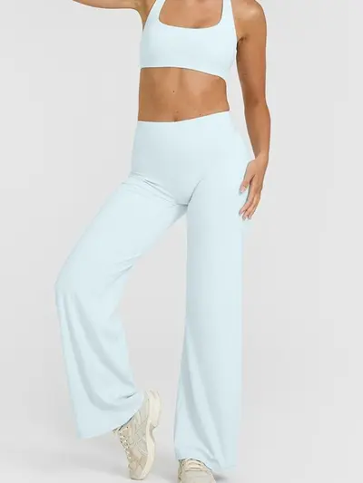 Yüksek belli spor geniş paçalı pantolon, dikiş izi yok, yüksek esneklik, kadın