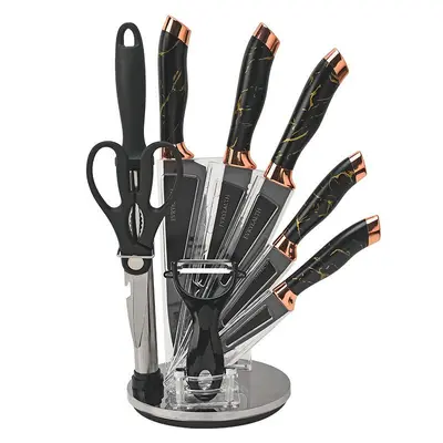 Paslanmaz çelik mutfak bıçağı seti, 9 parça, mermer desen, döner standlı - 8