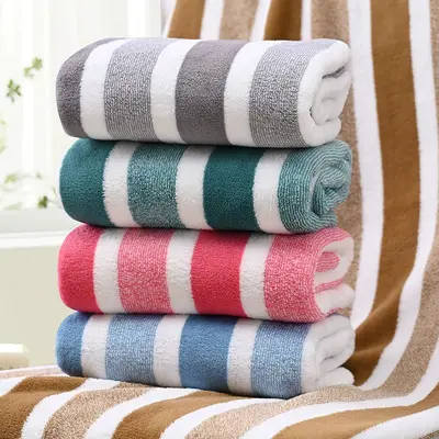跨境条纹珊瑚绒毛巾大浴巾方巾8件套装柔软吸水宽条洗脸毛巾towel - 3