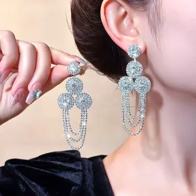 Premium and elegant live streaming cross-border internet celebrity elegant earrings European and American fashion exaggerated rhinestone long tassel earrings for women - 12
