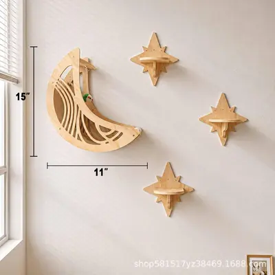 Wooden Cat Wall Shelf with Star and Moon Hammock Climbing Set