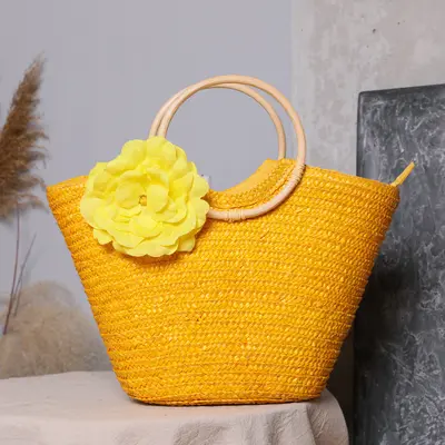 Damen-Handtasche aus Strohgeflecht mit Holzgriff, Landhausstil - 4