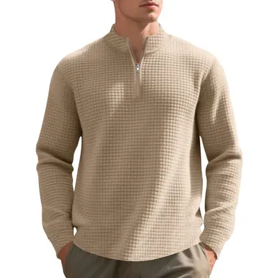 Cross-border independent station autumn and winter American plain everyday men's loose jacquard stand collar half-zip inner shirt sweatshirt for men