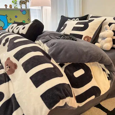 Grade A Milk Fleece Four-Piece Set Thickened Coral Fleece Double-Sided Flannel Quilted Duvet Cover Bed Sheet Fitted Sheet Three-Piece Bedding Set - 8
