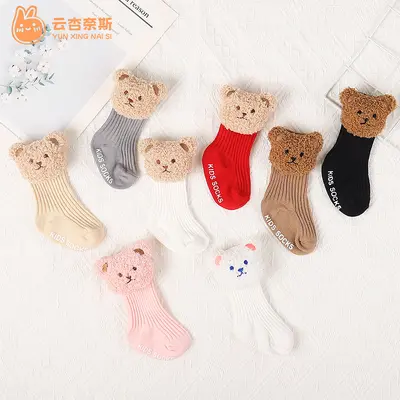 Baby Mid-Calf Socks with Bear Design, Anti-Slip Walking Socks