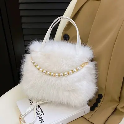 Women's Handbag, Plush and Beaded, Small Square Shoulder Bag - 7
