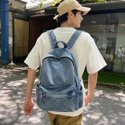 Women's Denim Backpack in Hong Kong Style, Large Capacity, Lightweight - 3