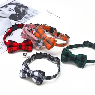 British plaid bow-tie pet collar with bell and patch - 3