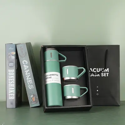定制304不锈钢一杯三盖保温杯套装双层真空商务办公礼品水杯现货