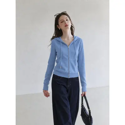 Korean-Style Blue Hooded Zip Short Sweatshirt Jacket for Women
