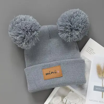 Baby Hat, Double-Layer Warm Knit with Double Pom-Pom for Boys and Girls - 10