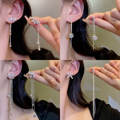 925er Silber Ohrstecker lange Quaste Zirkon Ohrringe Ins Mode zugänglicher Luxus Nische vielseitig elegant Schleife Ohrringe für Frauen