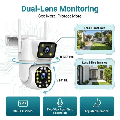 3MP dual-lens PTZ WiFi camera, AI human detection