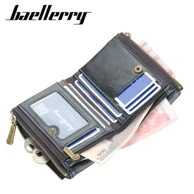 BAELLERRY Men's Short Wallet, Vertical Design, Double Zipper, Retro Coin Pocket - 4