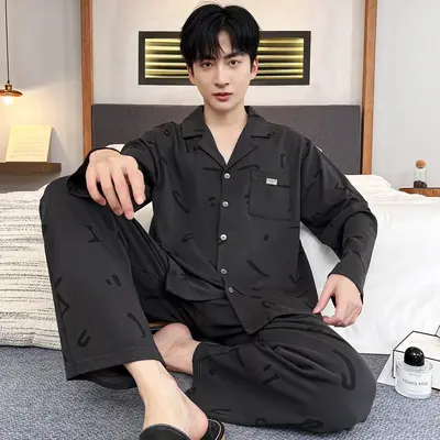 Herren-Pyjama-Set langarm mit Strickjackenkragen, Übergröße - 7