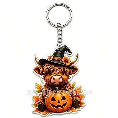 Highland Cow Acryl-Schlüsselanhänger, Cartoon-Kuh mit Cowboyhut