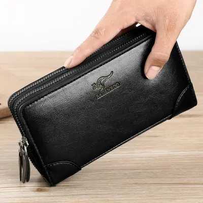Erkek El Çantası Deri Fermuarlı Clutch, Çift Fermuarlı Uzun Cüzdan - 4