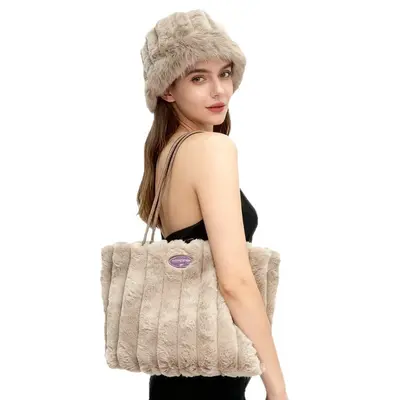 Autumn Winter Plush Shoulder Bag, Fluffy Women's Bag with Bucket Hat - 5