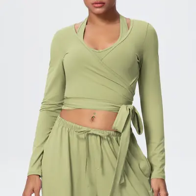 Women's Long Sleeve V-Neck Cross-Strap Quick-Dry Running Yoga Wear - 13