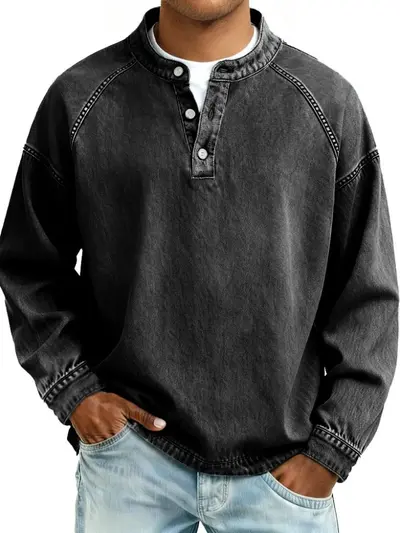 Men's Washed Distressed Vintage Stand-Collar Long-Sleeve Sweatshirt