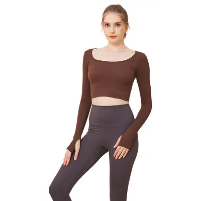 Women's Seamless Black Long Sleeve Short Crop Yoga Top, Autumn Winter - 8