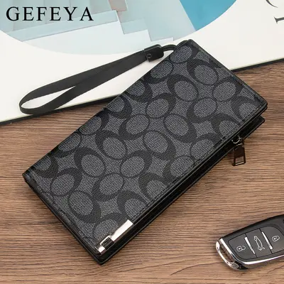 GEFEYA Men's Long Clutch Bag with Classic Print, Wrist Strap and Zipper - 1