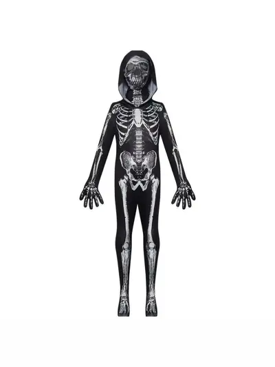 Halloween Children Skeleton Hooded Bodysuit Skeleton Costume Dress-Up Ball Party Performance Costume Cross-Border Halloween