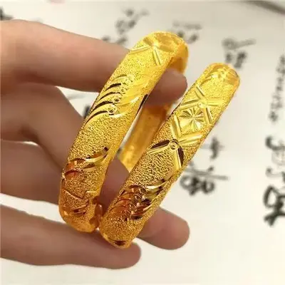 真金电镀结婚手镯开口宽版双喜龙凤镯子高仿金女新娘婚庆金猪吊牌 - 7