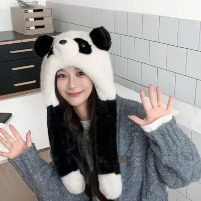 Kış peluş şapka, hareketli panda kulaklı, rüzgar geçirmez ve sıcak