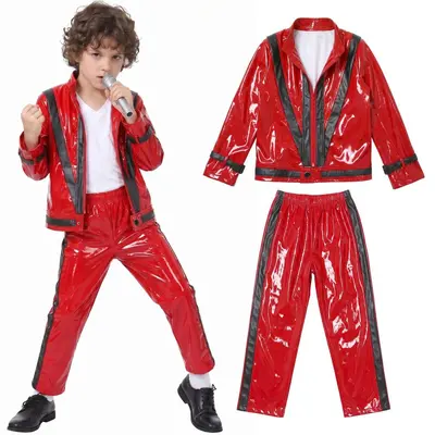 Çocuk Michael Jackson performans kostümü, kırmızı-siyah deri görünümlü takım