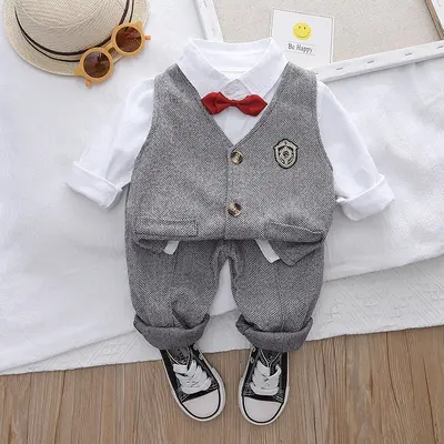 Boys' Spring Autumn Plaid Vest and Shirt Three-Piece Set
