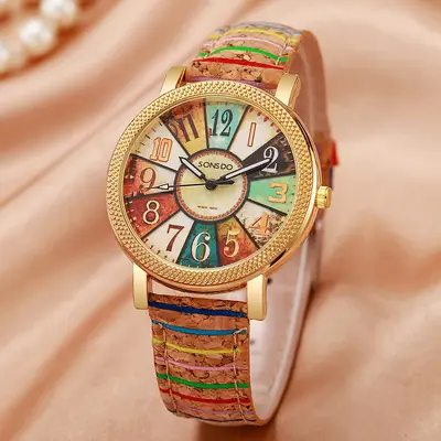 Women's watch, wooden grain leather strap, digital display - 8