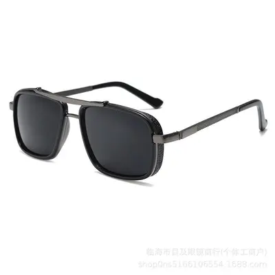 Retro Thick Square Frame Metal Punk Men's Sunglasses, Double Bridge - 8