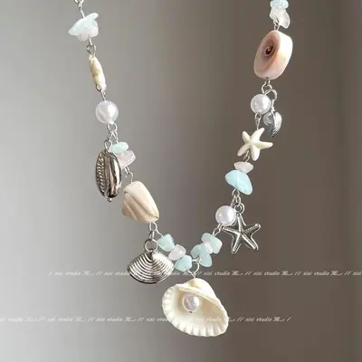 Pearl and shell bead necklace, beach vacation style - 8