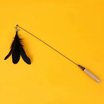 Wooden Handle Cat Teaser Wand with Feather and Bell, Replaceable Heads - 8