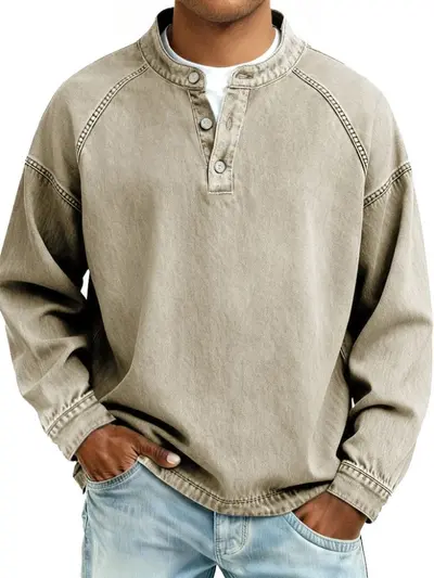 Men's Washed Distressed Vintage Stand-Collar Long-Sleeve Sweatshirt