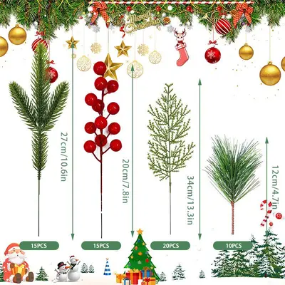 Weihnachts-Kiefernnadel-Dekorset mit roten Beeren und künstlichen Wasserpflanzen
