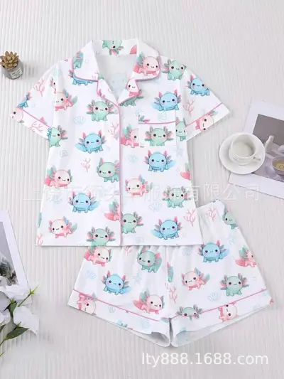 Women's Pajama Set with Pink Dinosaur Print and Button-Up Lapel - 8