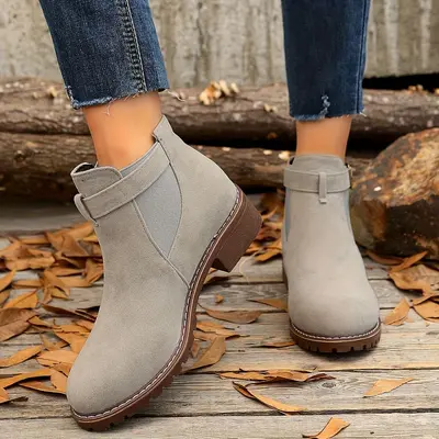 Women's Suede Martin Boots, Chunky Heel, Buckle Strap, Plus Size - 8