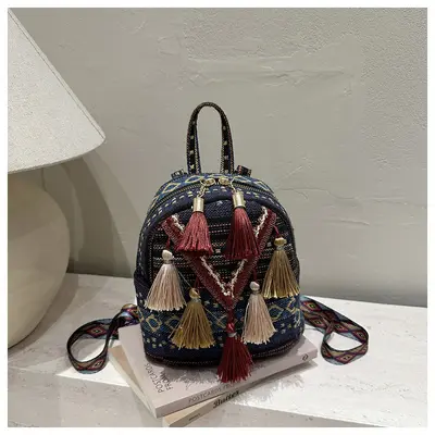 Women's Lightweight Backpack, Ethnic Tassel Design, Small Travel Size - 11