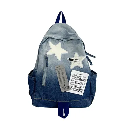 Gradient Denim Star Vintage School and Travel Backpack - 8