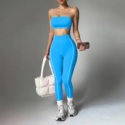 跨境TK爆款瑜伽服套装女撞色裹胸上衣蜜桃臀修身长裤健身运动服 - 13