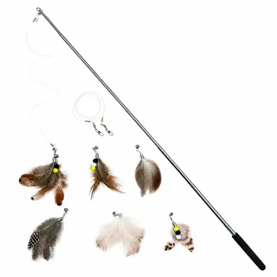 Feather Cat Teaser Wand with Bell, Steel Wire Long Handle