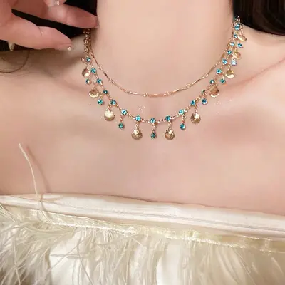 Blaues Diamant-Muschelarmband und Halskettensatz - 8